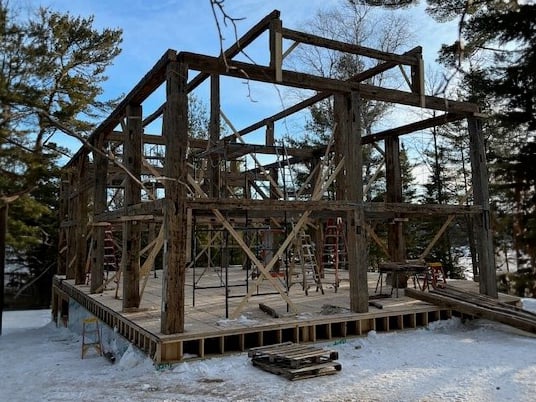 Timber Frame Made from wood reclaimed from a very old barn. Timber Frame Made from wood reclaimed from a very old barn.